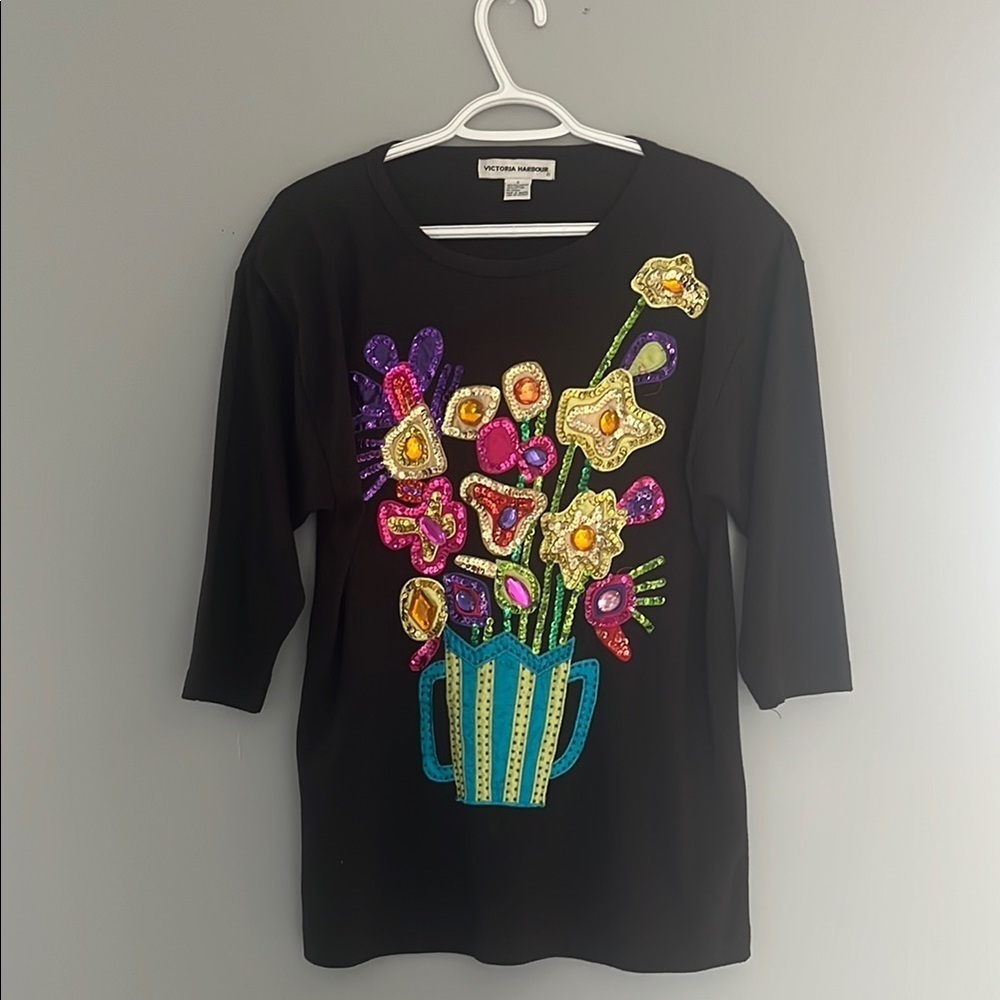 Black Floral Embellished Top